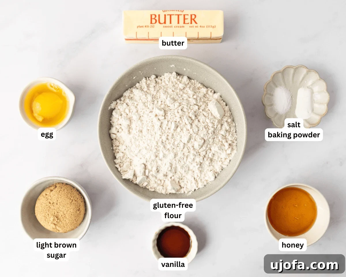 A collection of ingredients laid out for making gluten-free animal crackers, including butter, brown sugar, honey, egg, vanilla extract, gluten-free flour, baking powder, and salt.