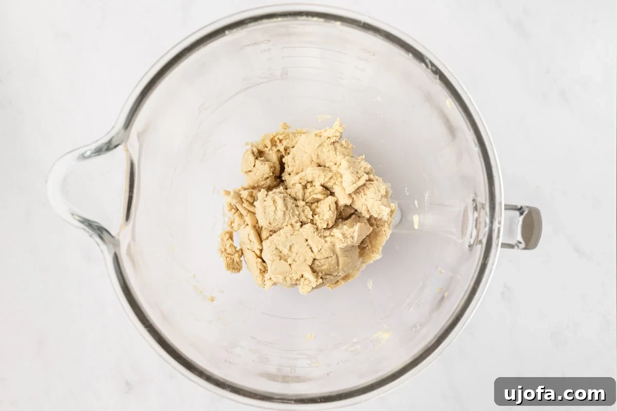 A mixing bowl showing the gluten-free animal cracker dough after the dry ingredients have been incorporated, forming a soft, cohesive dough ball.