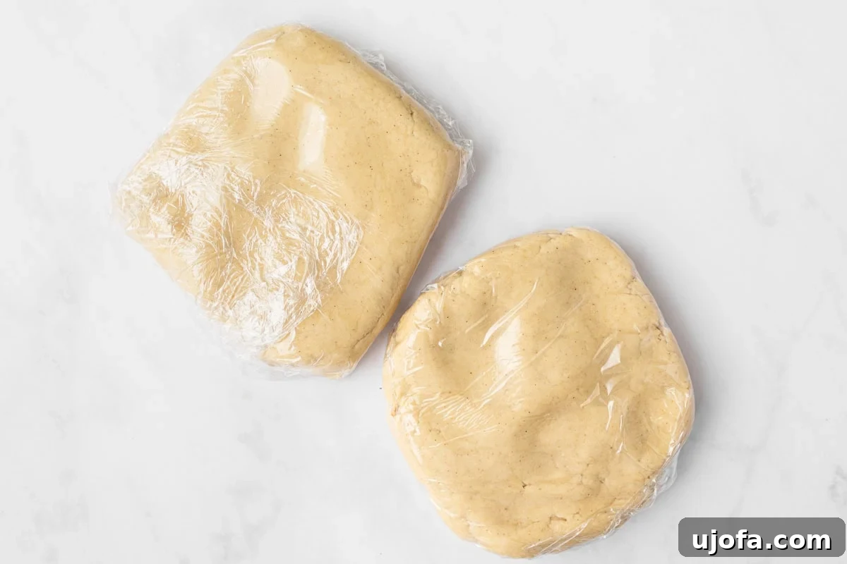 Two discs of gluten-free animal cracker dough, individually wrapped in plastic wrap and flattened, ready to be chilled in the refrigerator.