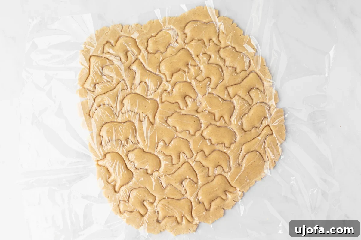 Rolled-out gluten-free animal cracker dough with various animal shapes already cut out through a layer of plastic wrap, demonstrating the technique for smooth edges.