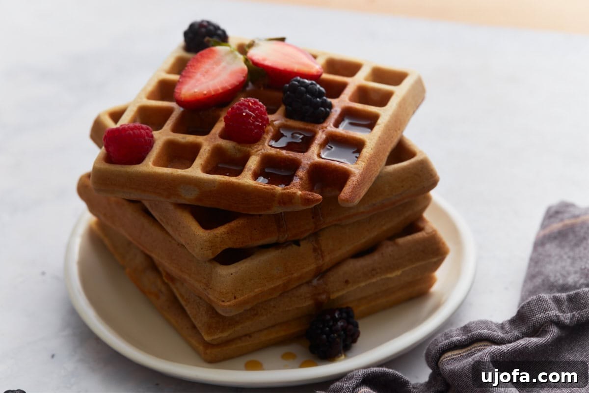 Hearty Buckwheat Waffles 10 A towering stack of homemade buckwheat waffles, beautifully presented with an abundance of fresh berries and a flowing stream of maple syrup on a clean white plate, ready to be enjoyed.