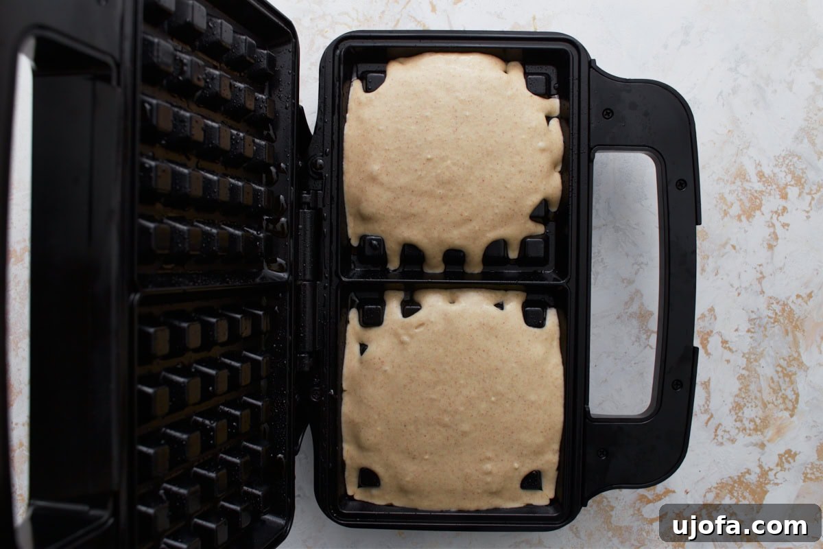 Hearty Buckwheat Waffles 7 Perfectly portioned buckwheat waffle batter being poured into a pre-greased, hot waffle iron, ready for cooking.