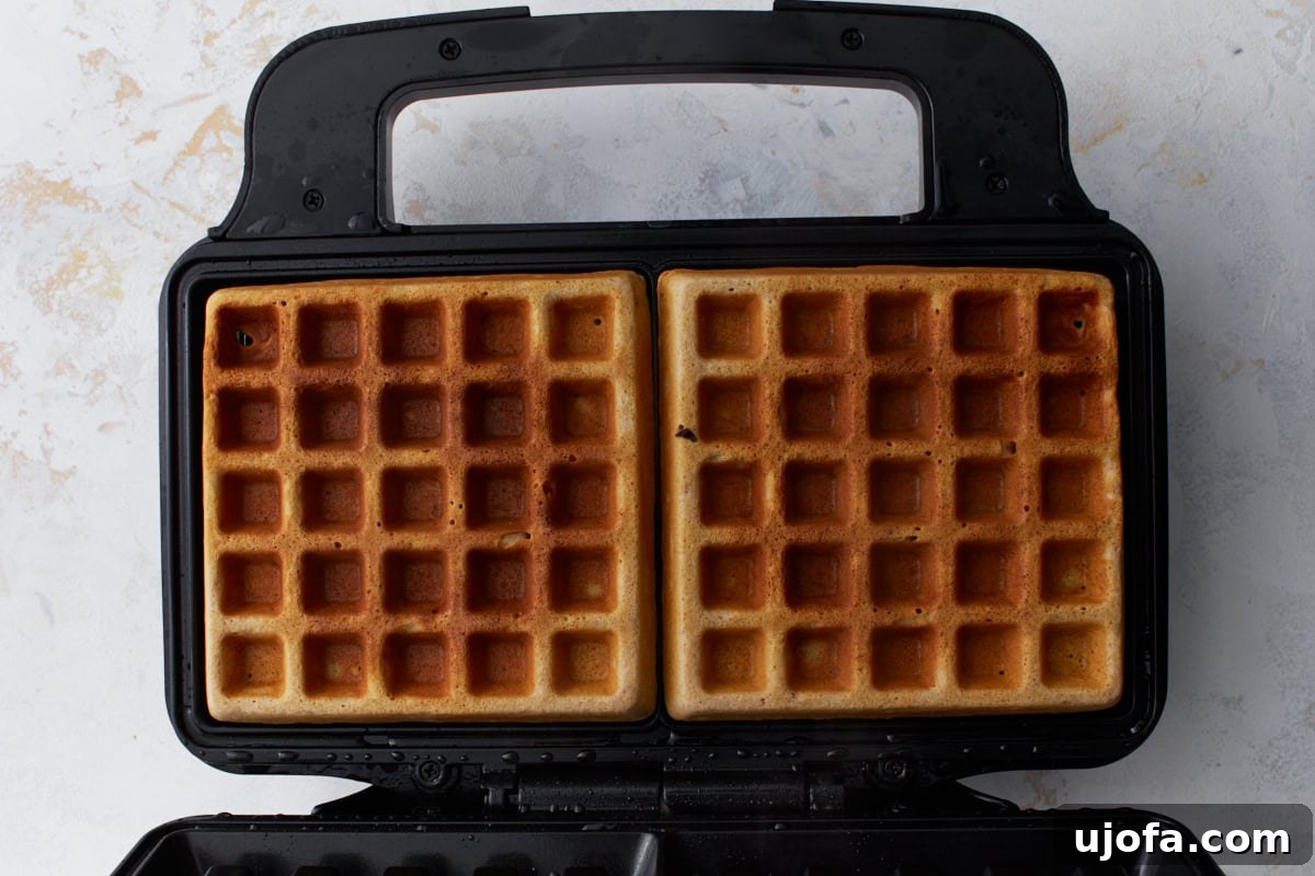 Hearty Buckwheat Waffles 8 Golden brown buckwheat waffles visibly cooking in an open waffle maker, showing their crisp texture and readiness.