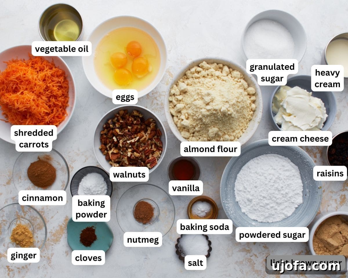 All ingredients for almond flour carrot cake laid out on a table