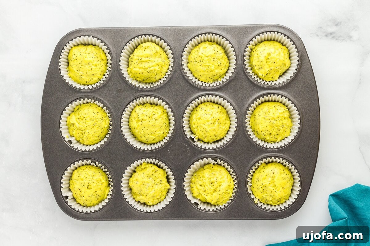 Gluten-free lemon poppy seed muffin batter scooped evenly into lined muffin tin before baking