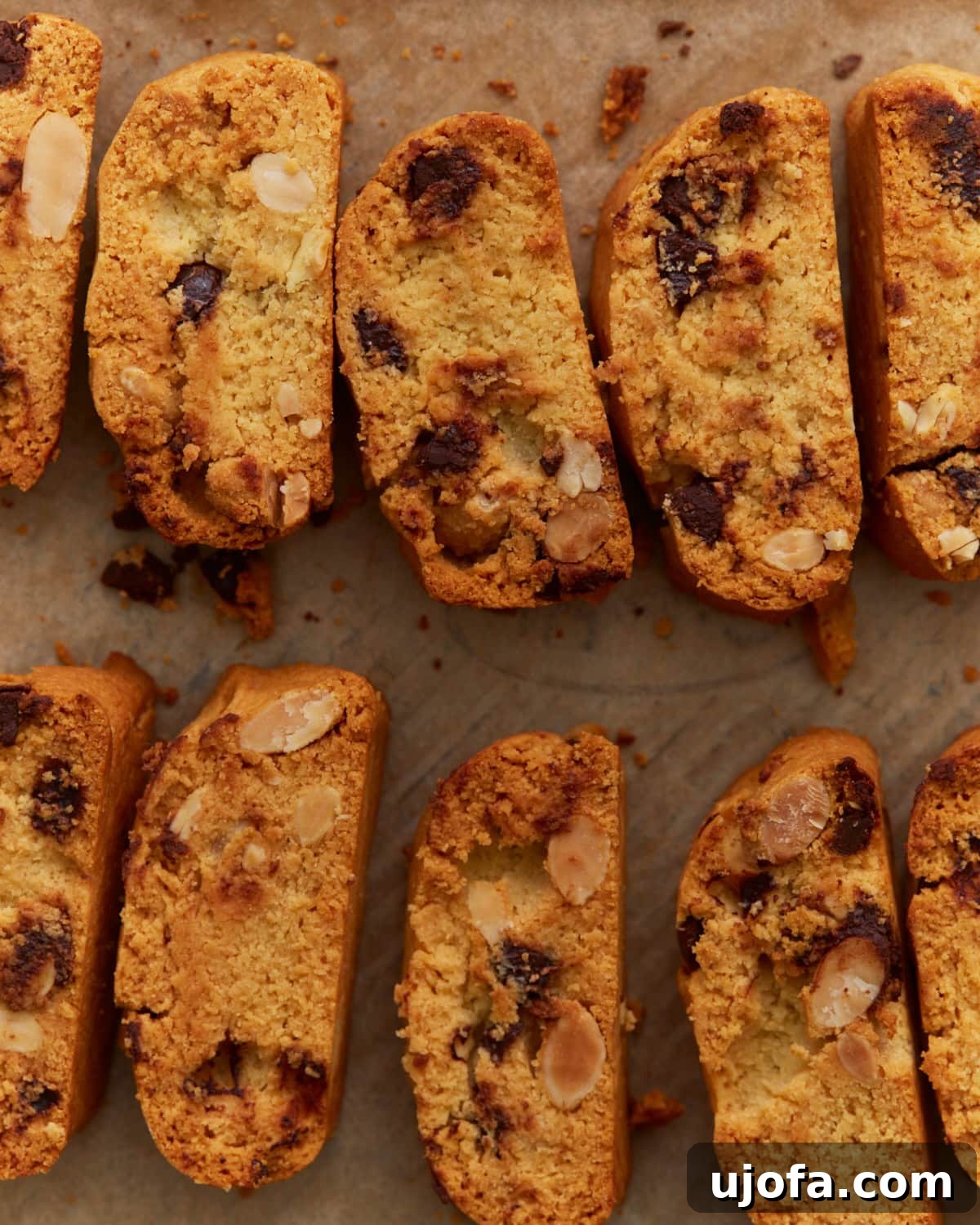 Artisanal Almond Biscotti 2 Close-up of golden-brown almond flour biscotti slices, featuring visible chocolate chips and sliced almonds, arranged on parchment paper.