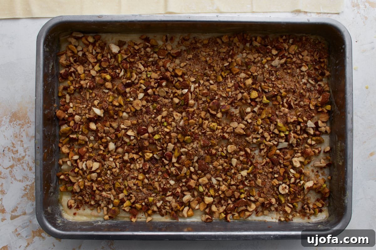 Second layer of chopped nuts and cinnamon spread over gluten-free phyllo for baklava.