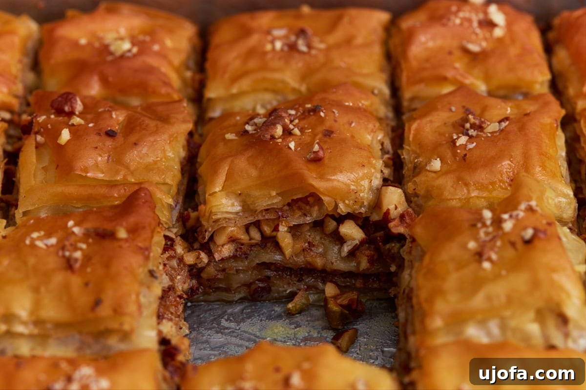 Close-up of gluten-free baklava showing flaky phyllo layers and chopped nut filling.