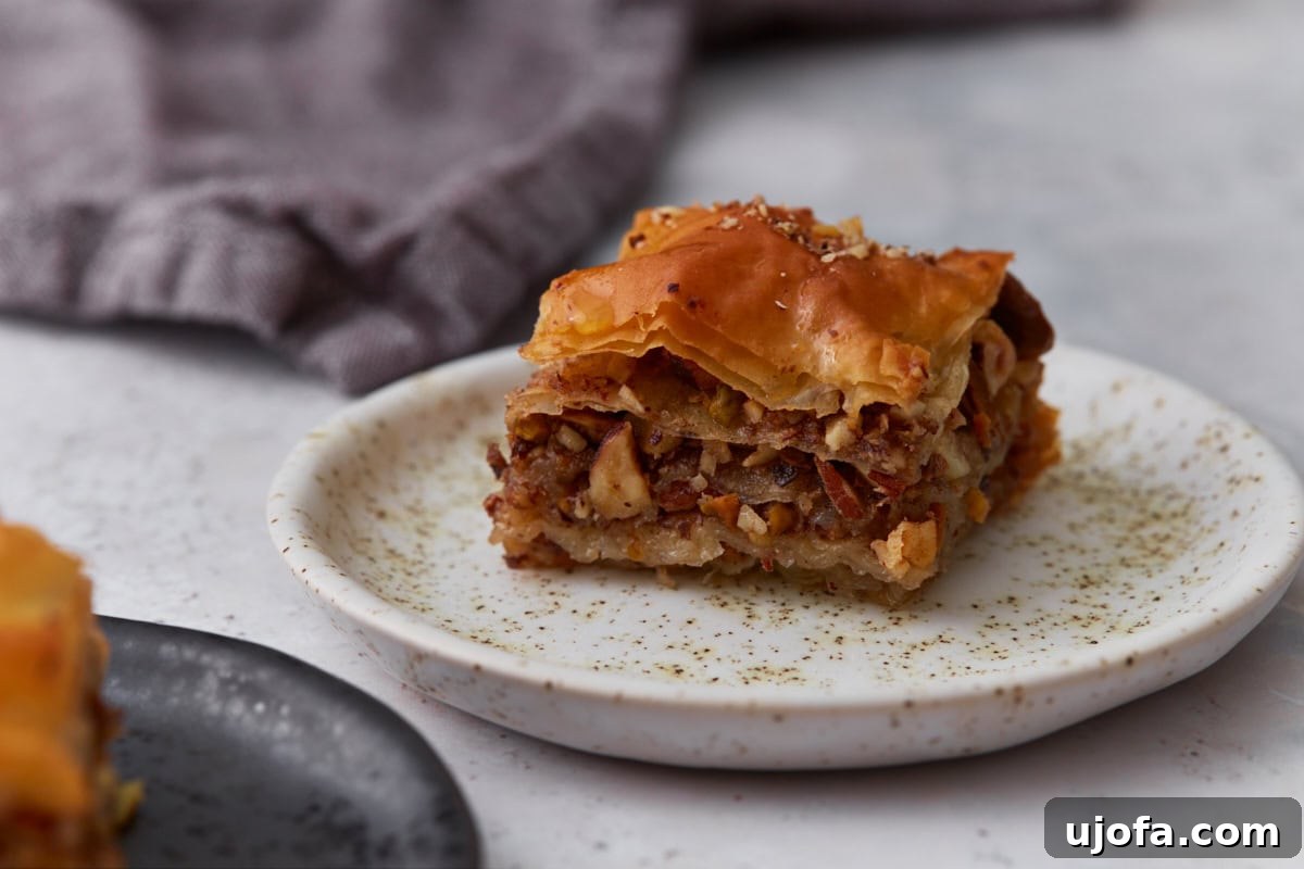 Piece of gluten-free baklava served on a small plate showing the layered nut filling and crisp phyllo pastry.