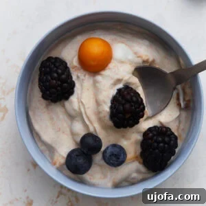 Dairy-free fruit dip topped with blackberries, blueberries, and a golden berry in a small bowl.