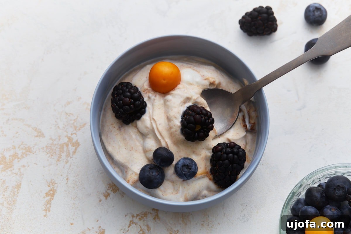 Velvety Vegan Fruit Dip 7 A small bowl of dairy-free fruit dip garnished with fresh berries, ready to be served.