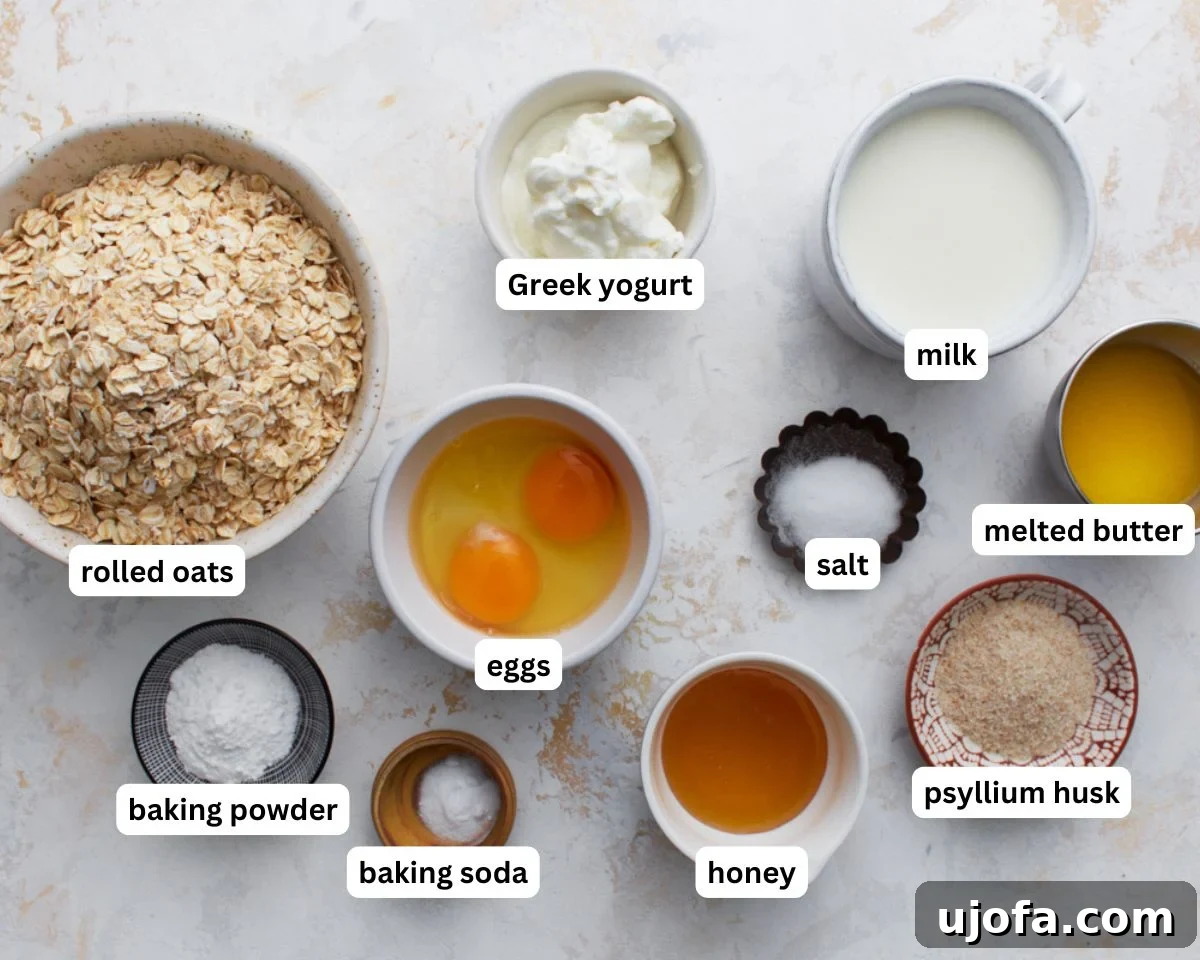 Wholesome Oat Bread 4 Oat flour bread ingredients laid out on a kitchen counter