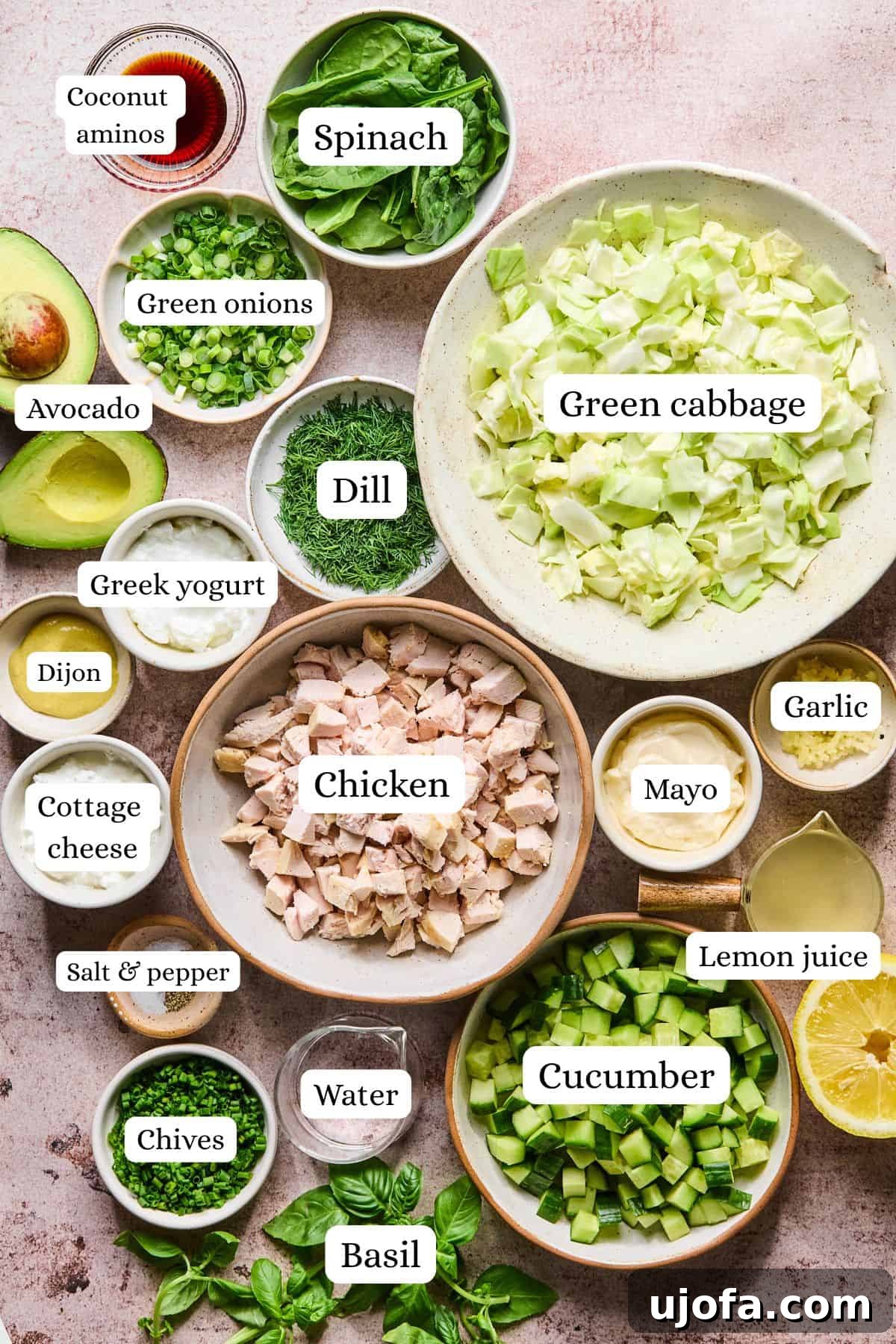 Green Goddess Chicken Salad with Extra Protein Boost 3 Ingredients for green goddess chicken salad in nesting bowls