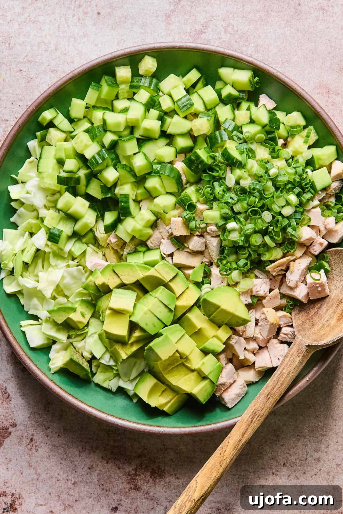 Green Goddess Chicken Salad with Extra Protein Boost 5 Ingredients for green goddess chicken salad in a bowl without dressing