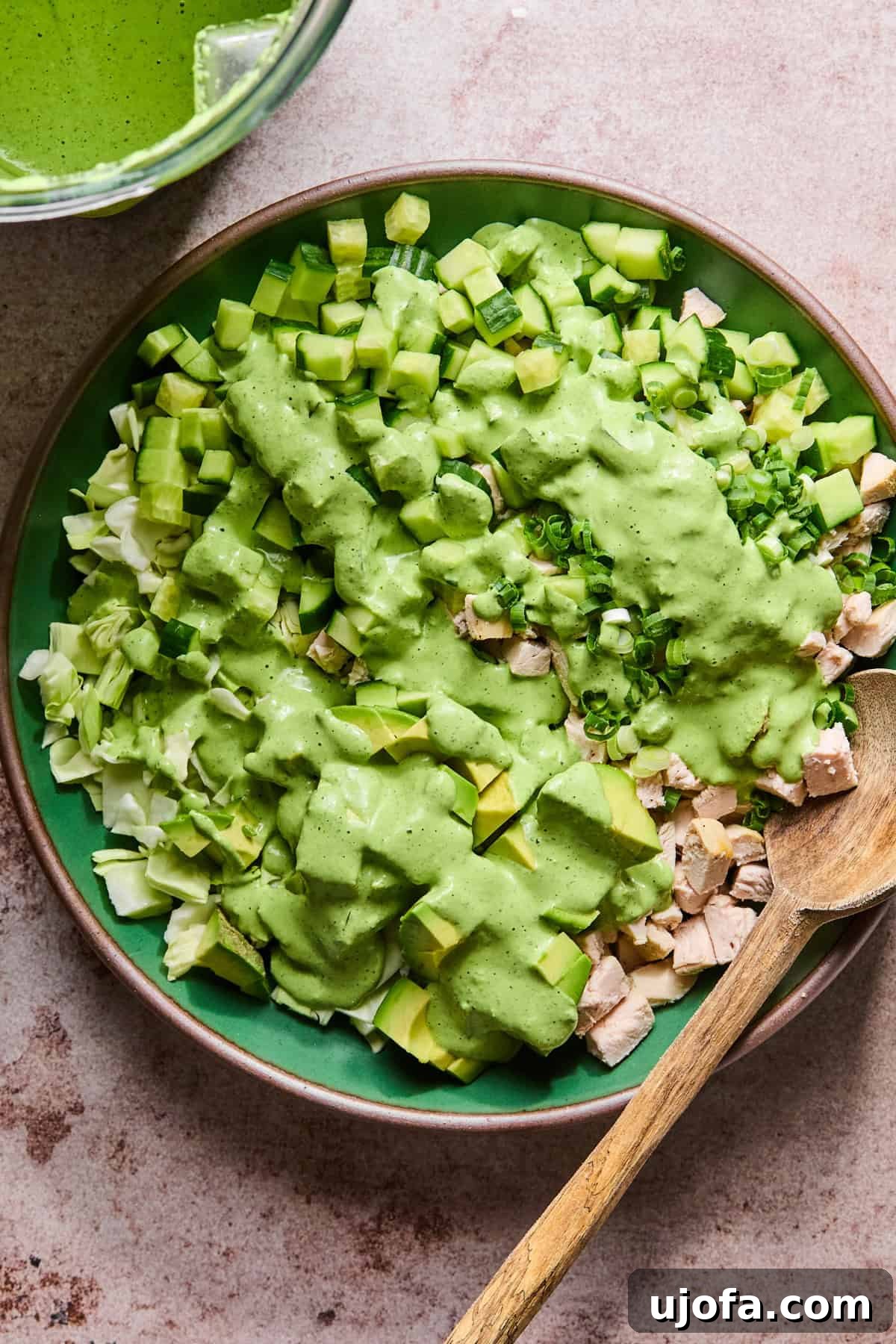 Green Goddess Chicken Salad with Extra Protein Boost 6 green goddess salad with dressing on top