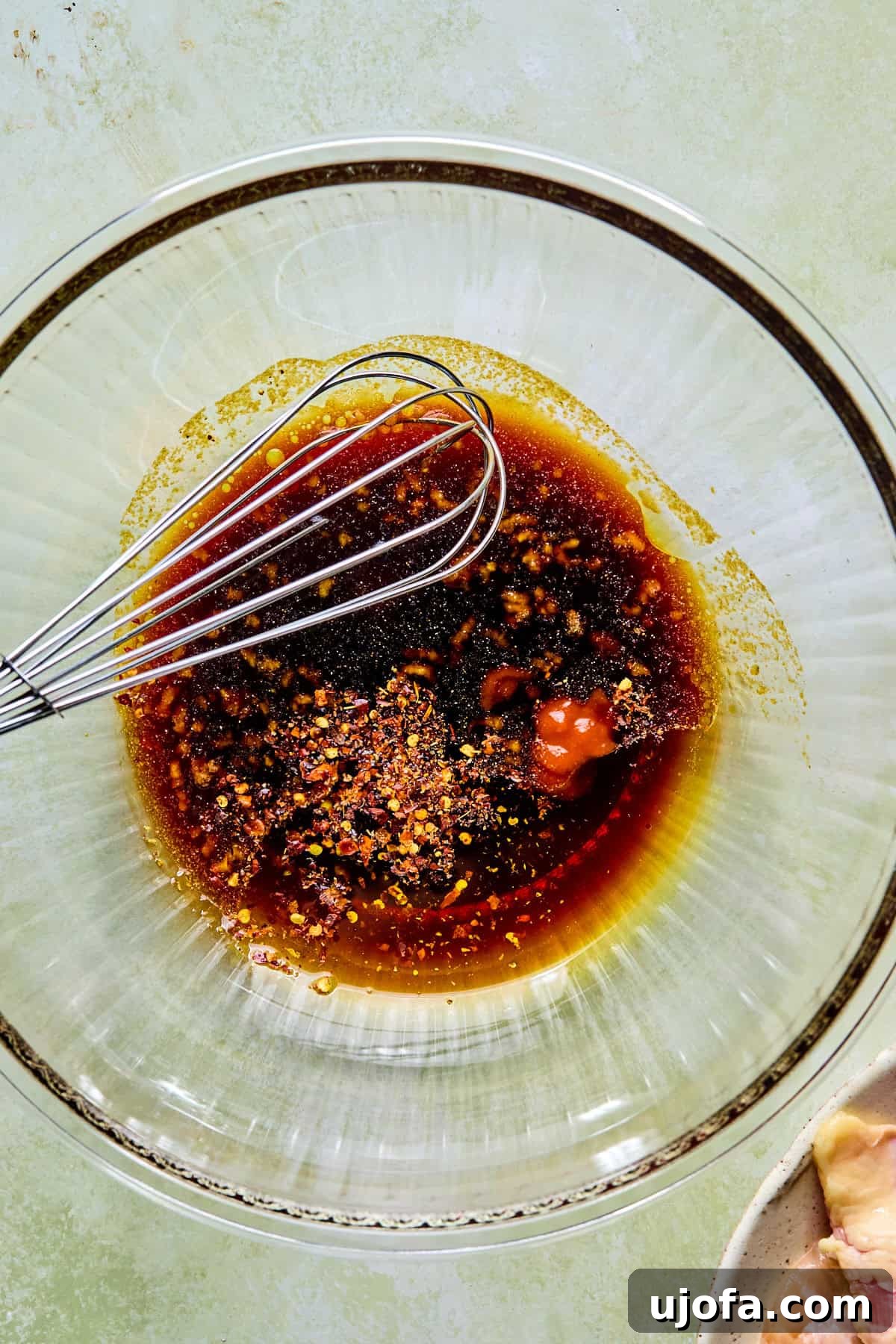 Chicken marinade ingredients in a clear glass bowl, ready to be whisked together.