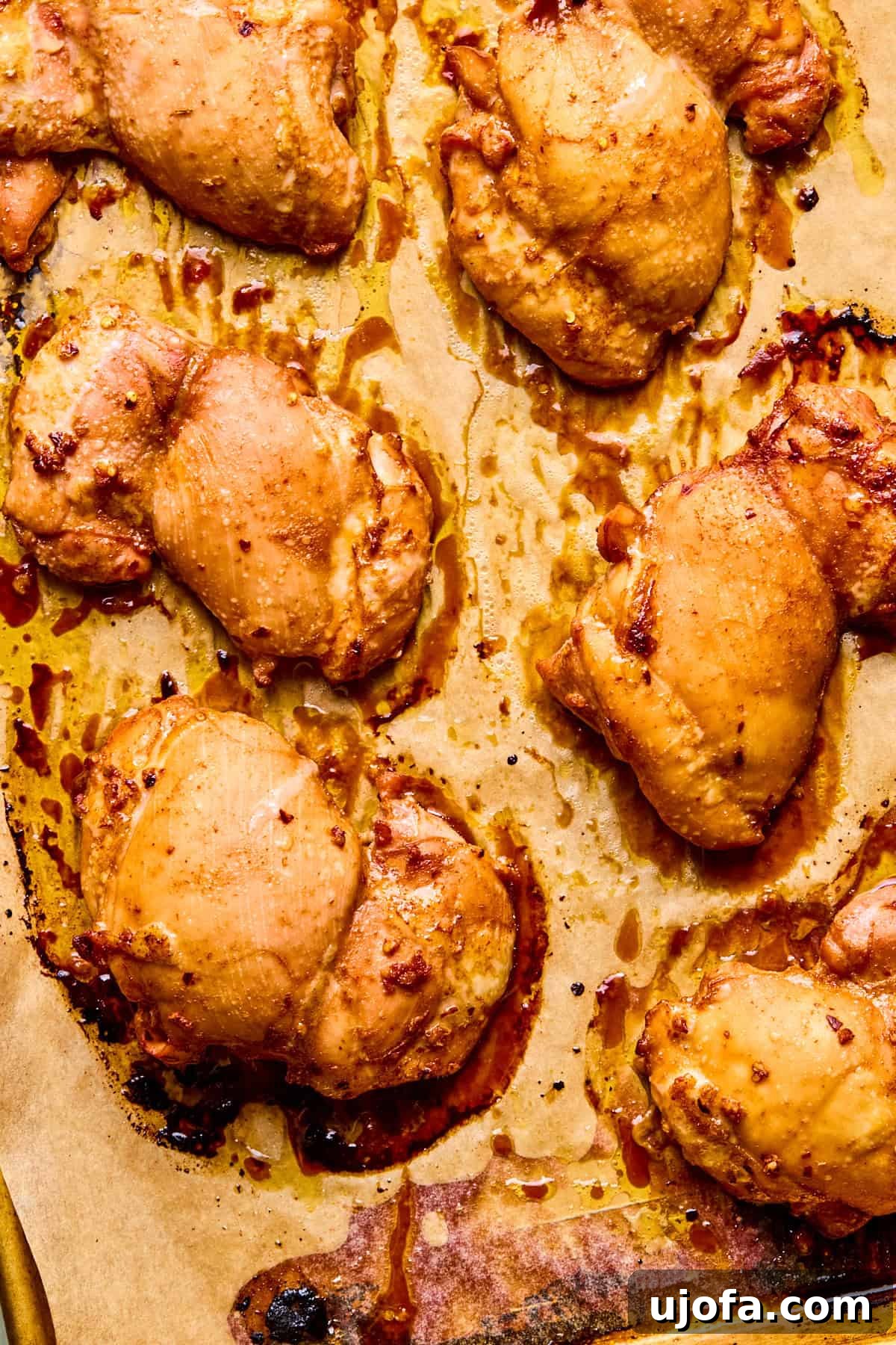Baked chicken thighs on a parchment-lined baking sheet.