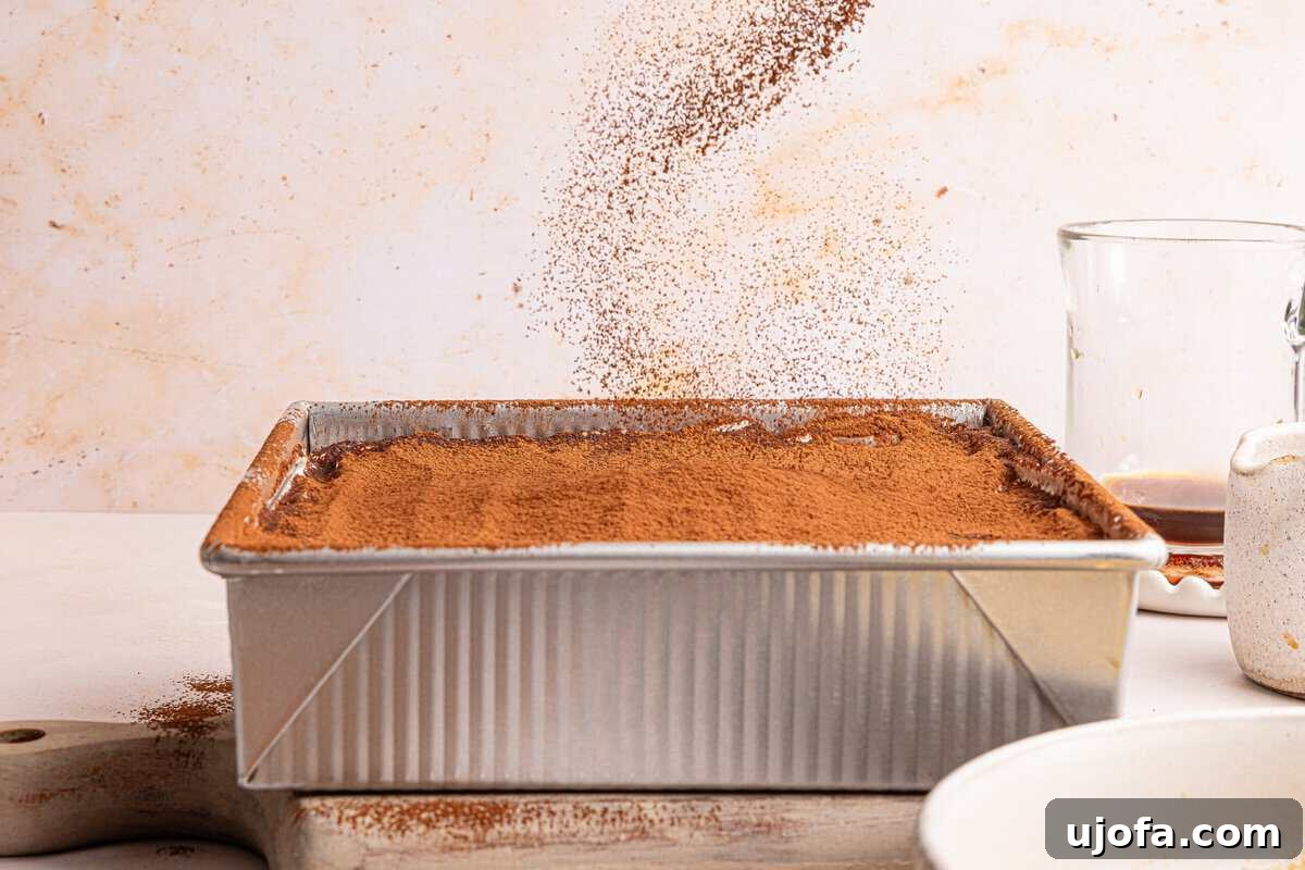 Gluten-Free Tiramisu Recipe: Authentic Italian Dessert Without Gluten 9 cocoa powder being dusted on a pan