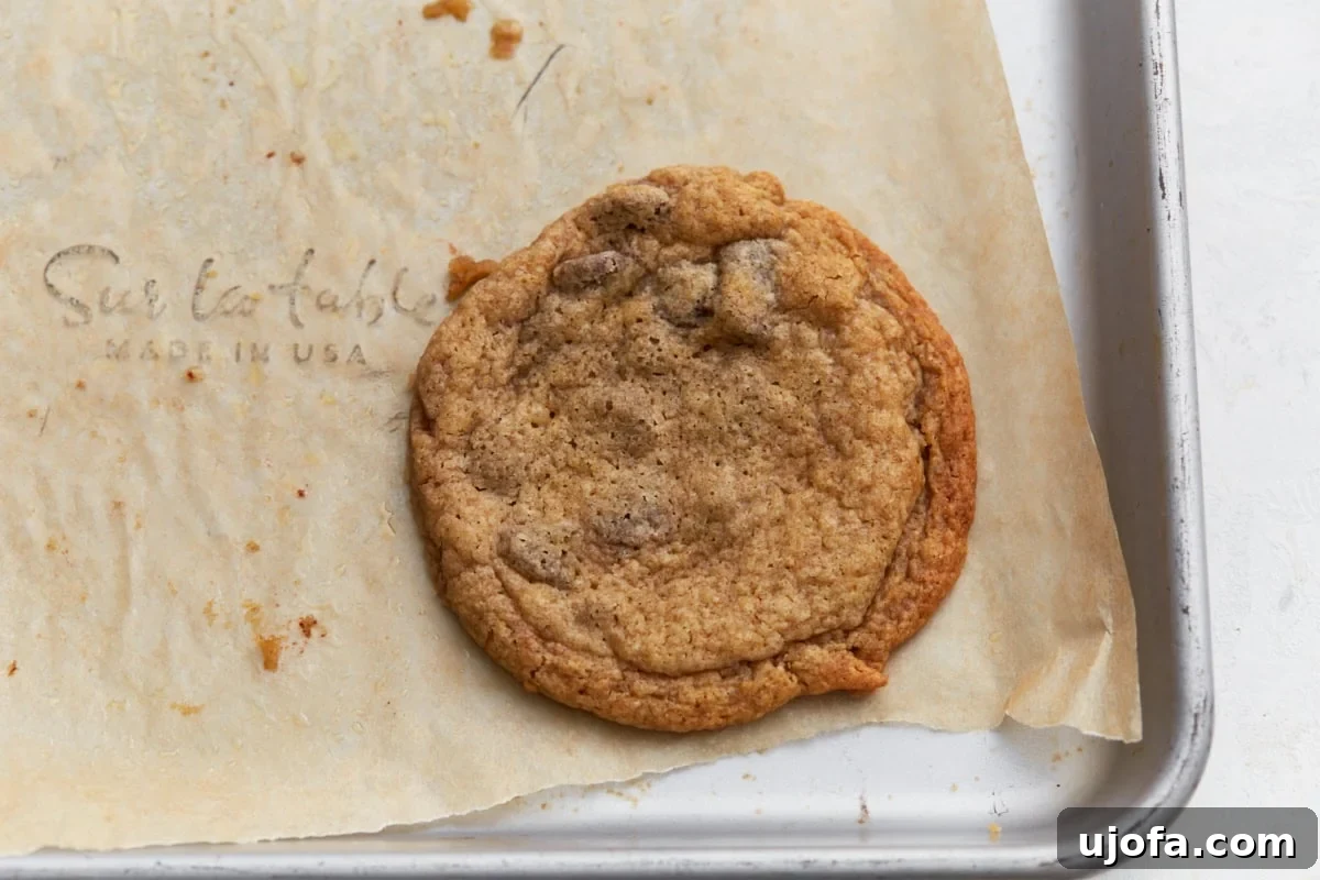 Single buckwheat chocolate chip cookie resting on parchment paper showing crisp edges and soft center