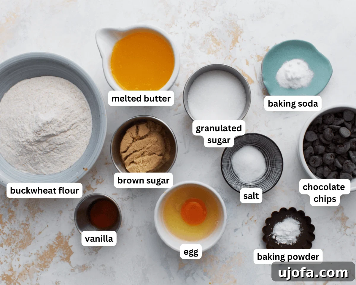 ingredients for buckwheat chocolate chip cookies
