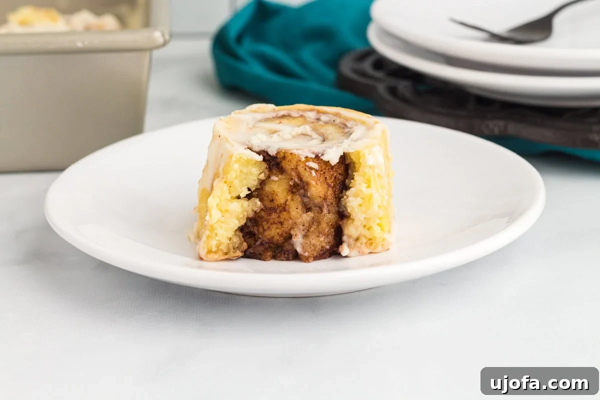 Single keto cinnamon roll on a plate showing soft, cinnamon swirl center