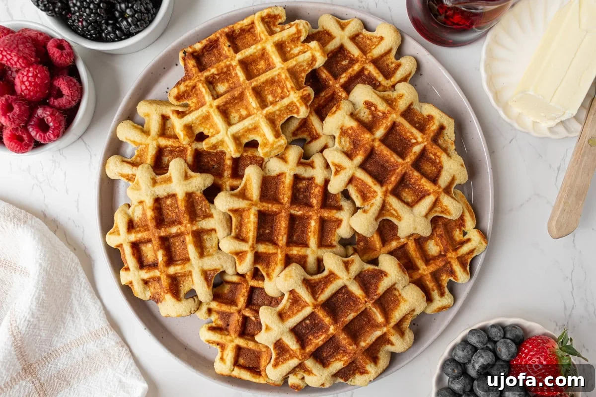 Coconut Flour Waffles: Light, Crispy Grain-Free Recipe 8 Overhead view of coconut flour waffles with raspberries, blackberries, blueberries, and butter on a plate