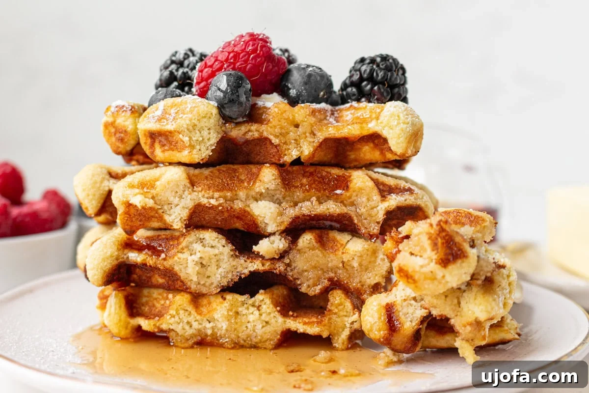 Coconut Flour Waffles: Light, Crispy Grain-Free Recipe 9 Stack of gluten-free coconut flour waffles topped with fresh berries and maple syrup showing soft interior texture