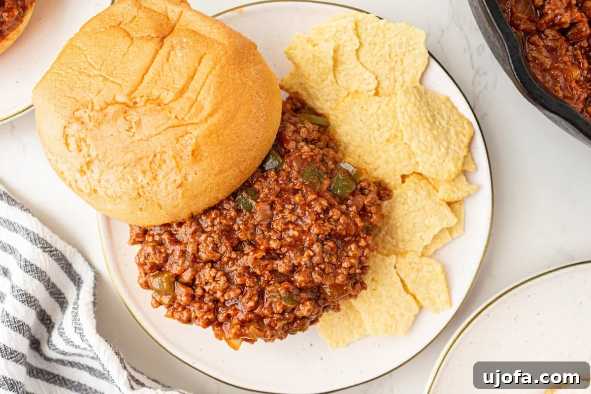 Overhead view of gluten-free sloppy joe sandwich with chips on a plate