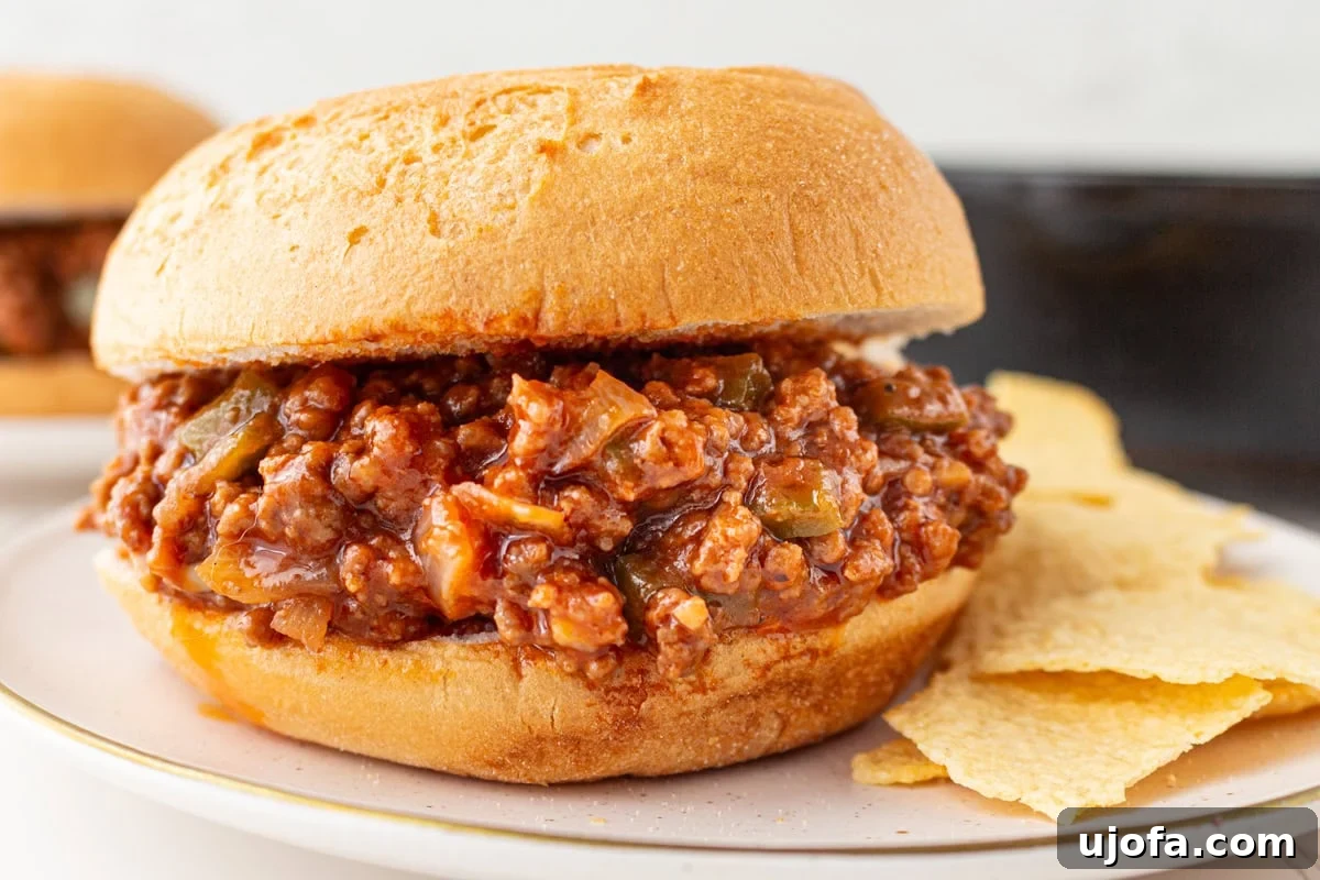 Close-up of gluten-free sloppy joe sandwich served with potato chips