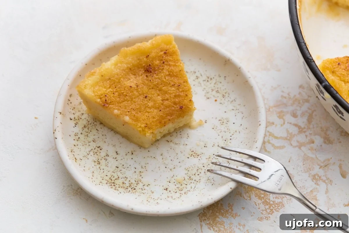 Silky Crustless Custard Pie Recipe: Creamy Baked Custard Delight 9 Slice of creamy crustless custard pie served on a plate with ground nutmeg and a fork