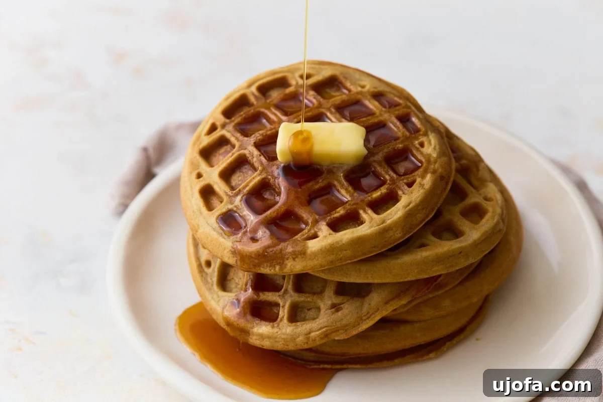 Crispy Oat Flour Waffles Recipe for Fluffy Homemade Waffles 10 Maple syrup poured over a stack of homemade oat flour waffles with butter.