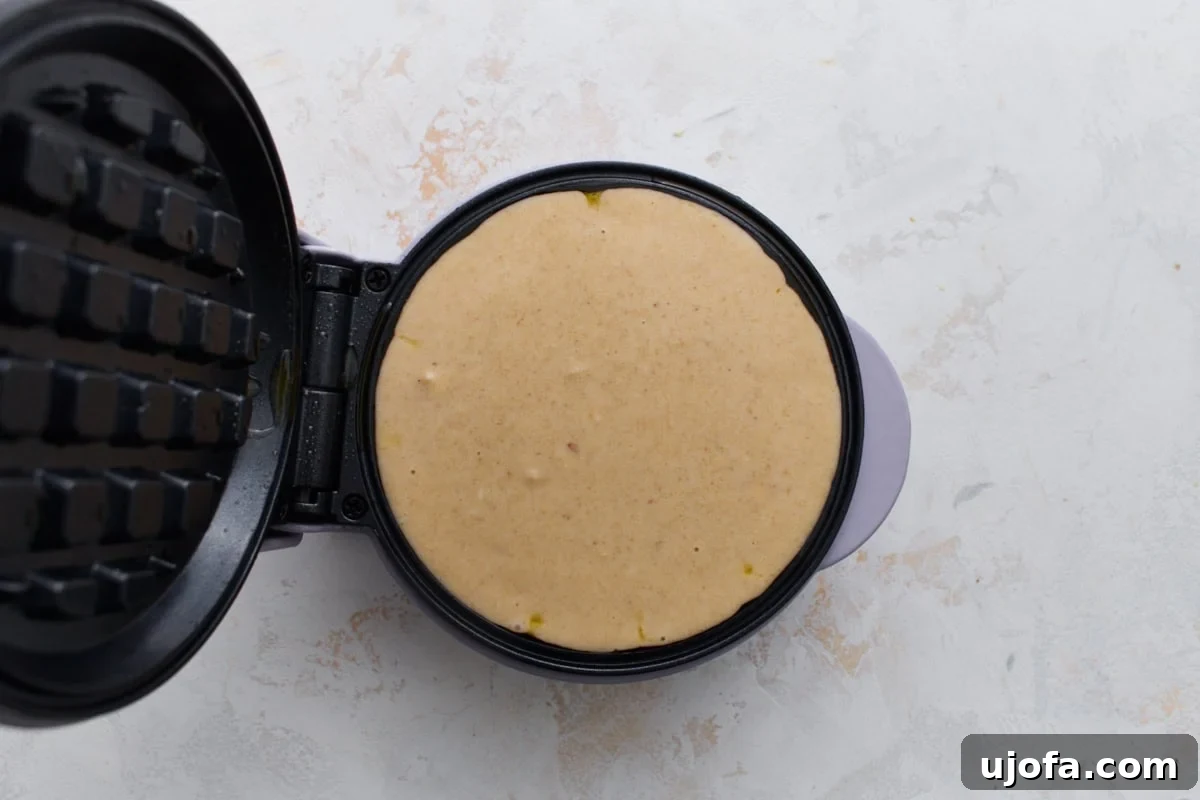 Crispy Oat Flour Waffles Recipe for Fluffy Homemade Waffles 8 Oat flour waffle batter poured into a waffle maker before cooking.