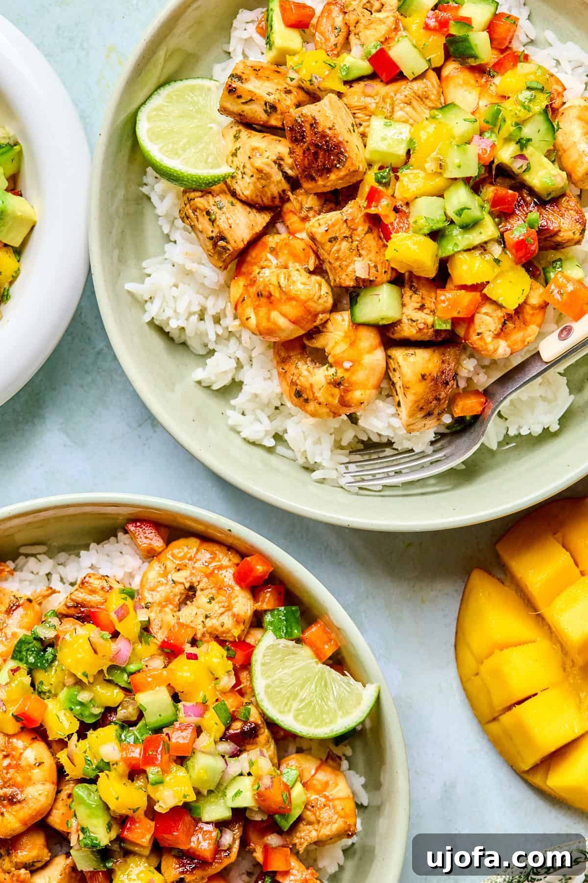 2 bowls of chicken and shrimp over rice with mango salsa