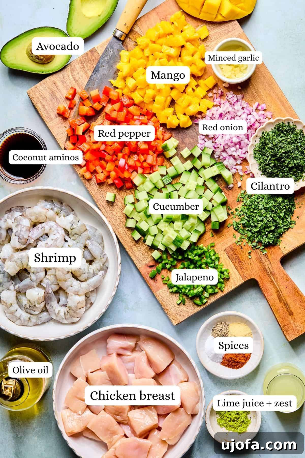 Ingredients for cilantro lime marinated chicken and shrimp with mango salsa