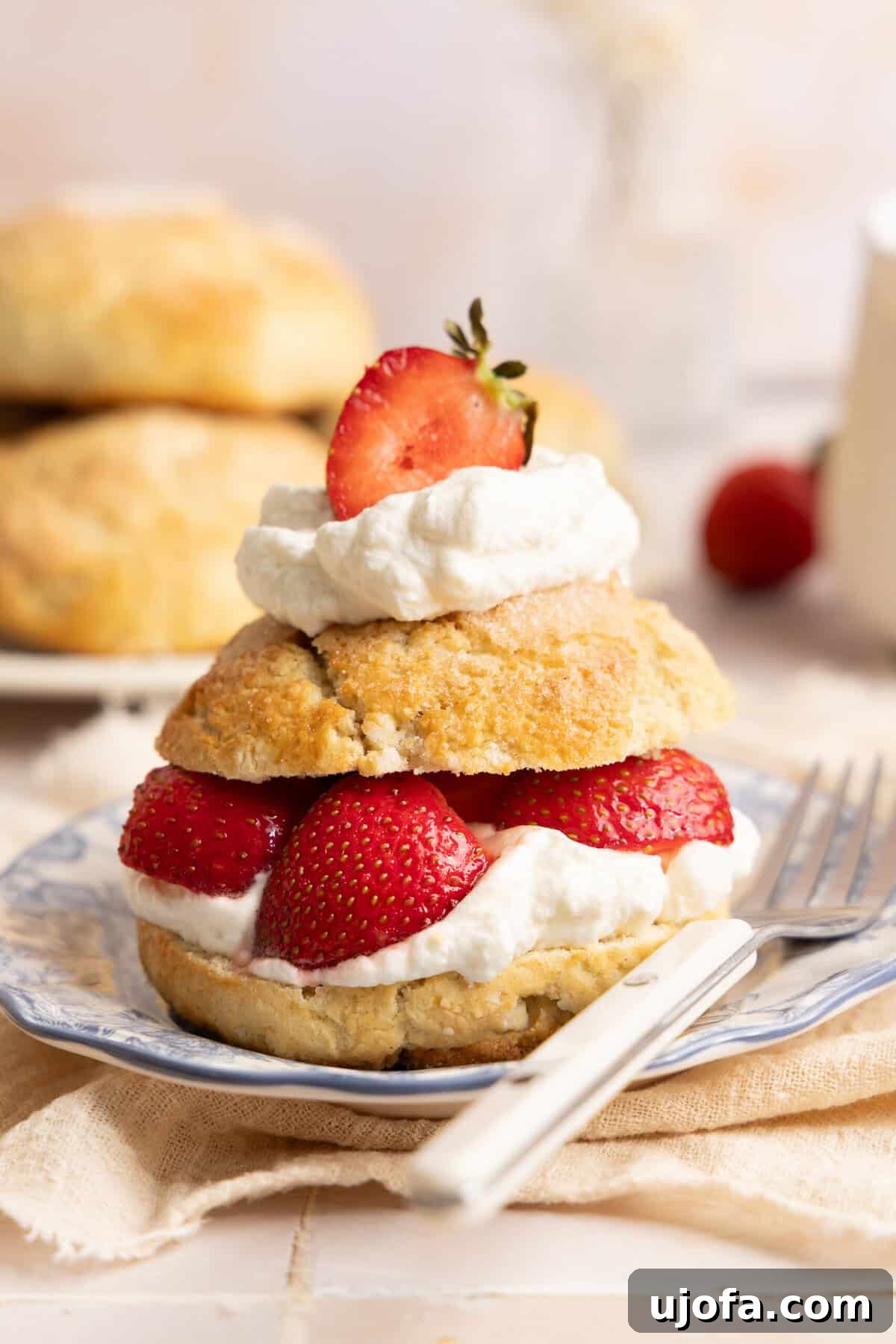 gluten free biscuit topped with strawberries and whipped cream on a plate with a white metal fork
