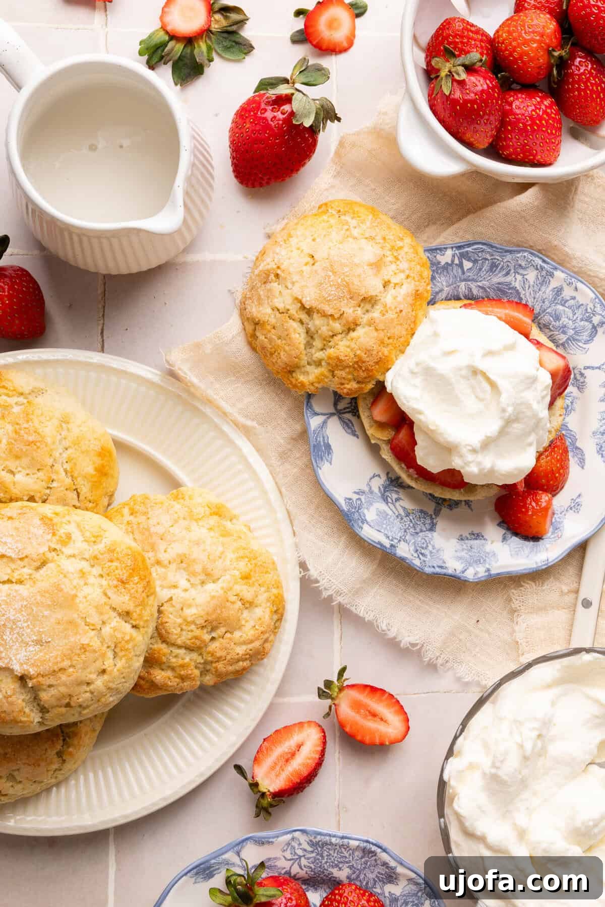 strawberry shortcake on a plate surrounded by biscuits, whipped cream, and strawberries in bowls