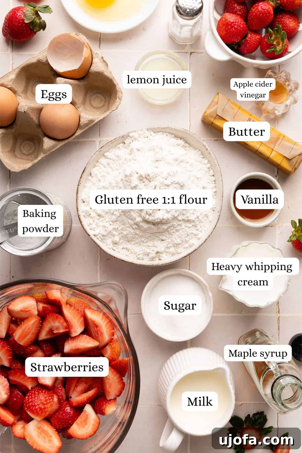 ingredients for strawberry shortcake in nesting bowls