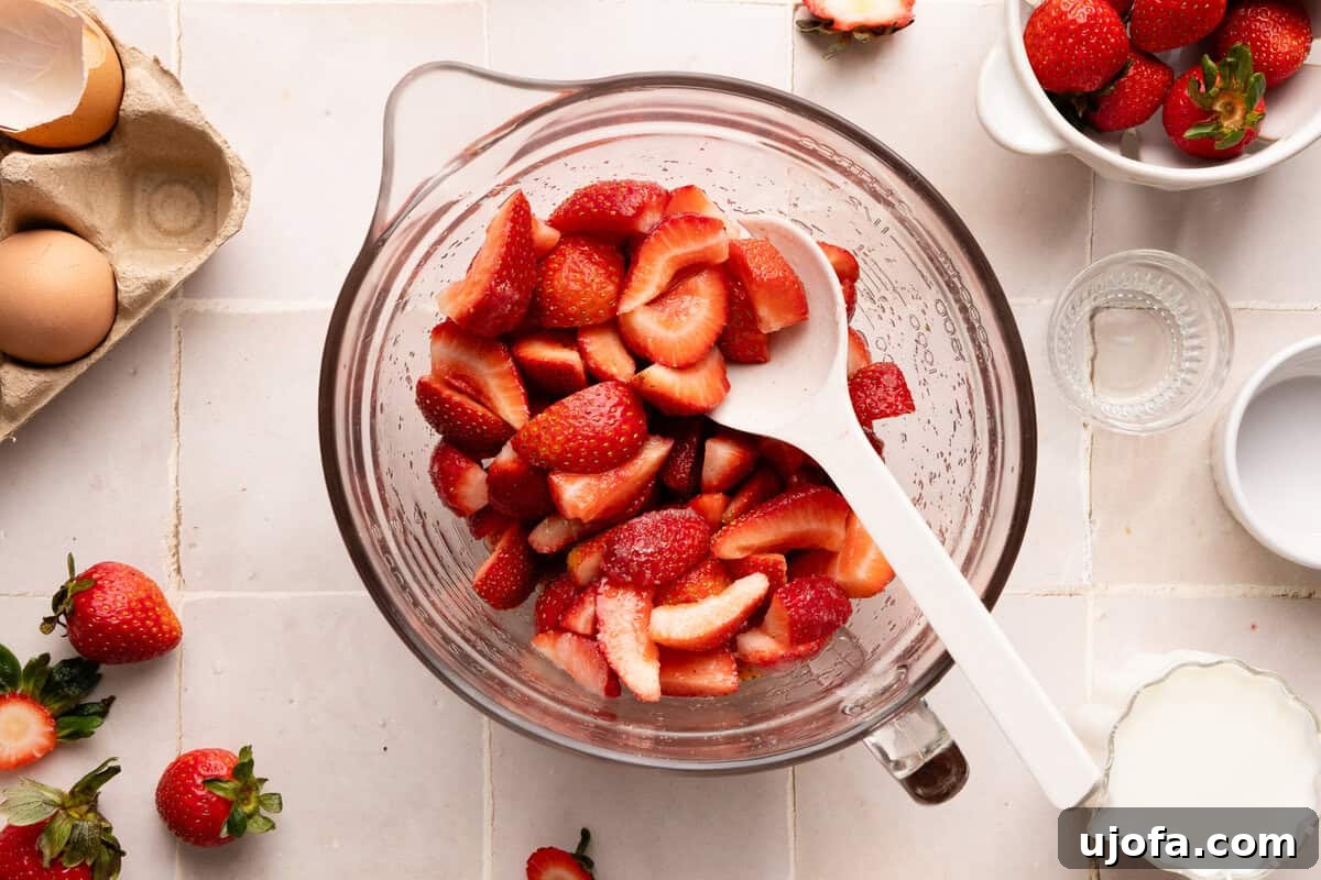 strawberries, sugar, and lemon juice mixed in a glass bowl