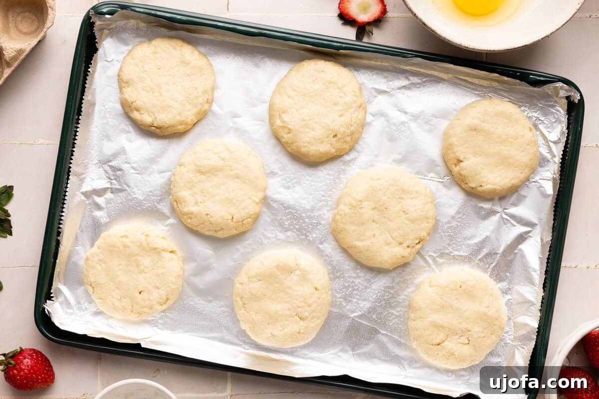 raw biscuits on a foil-lined baking sheet
