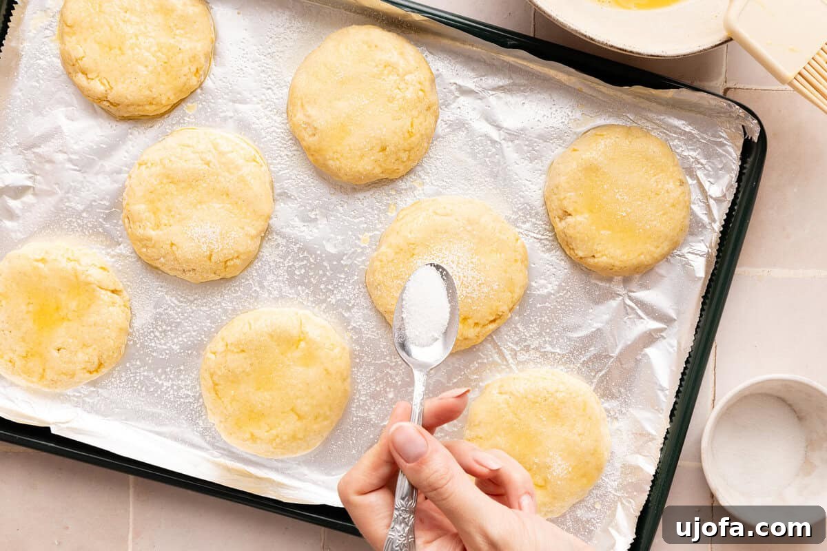 sugar being sprinkled on top of raw biscuits
