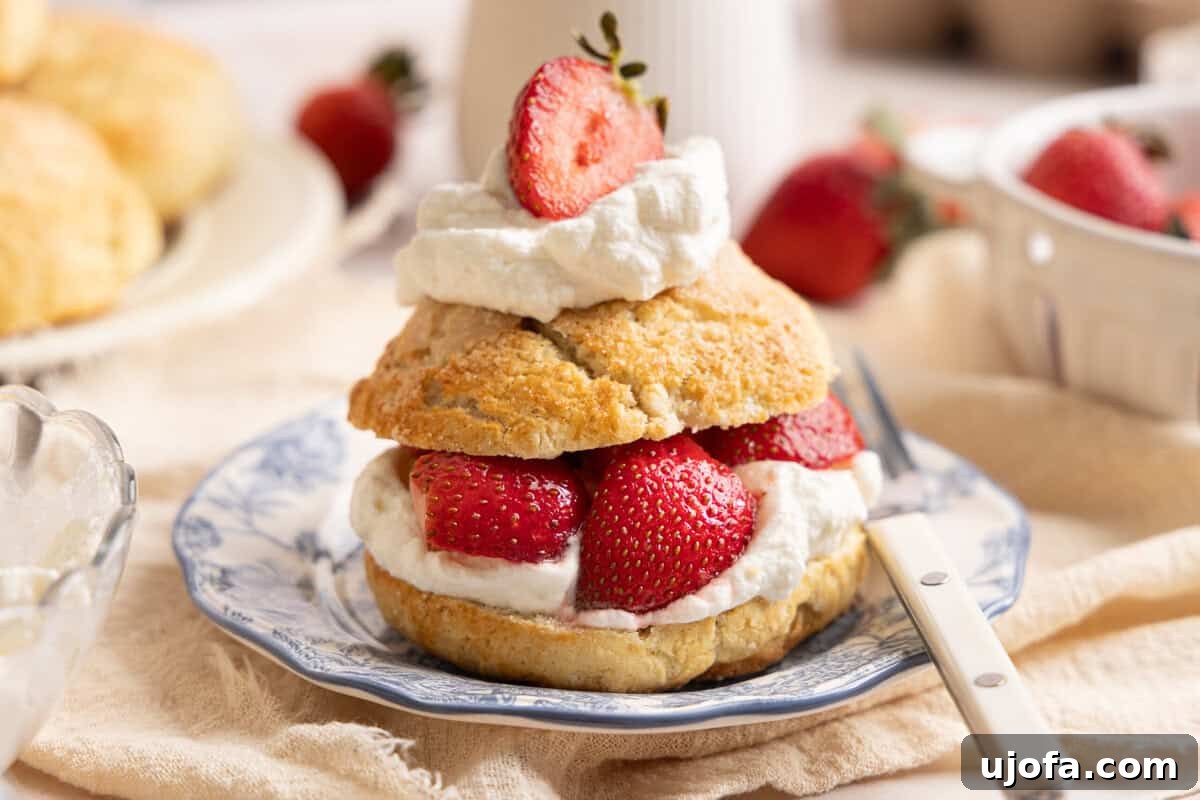 a biscuit cut in half and topped with strawberries and whipped cream