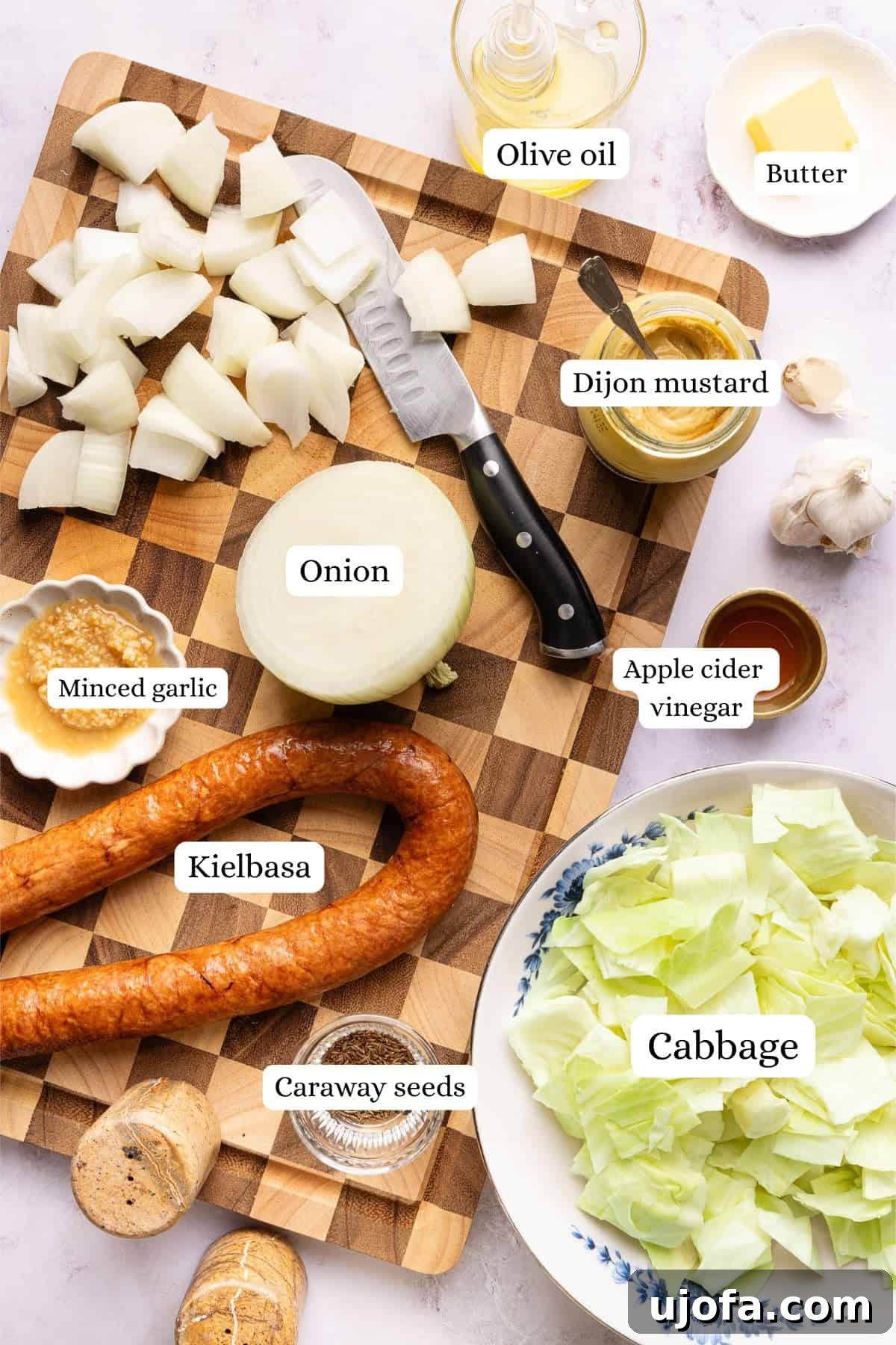 ingredients for kielbasa cabbage skillet 