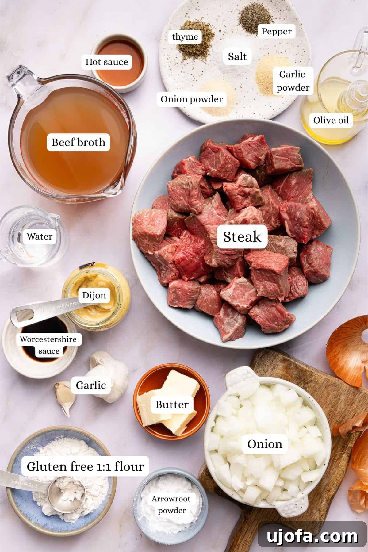 ingredients for slow cooker beef tips in nesting bowls