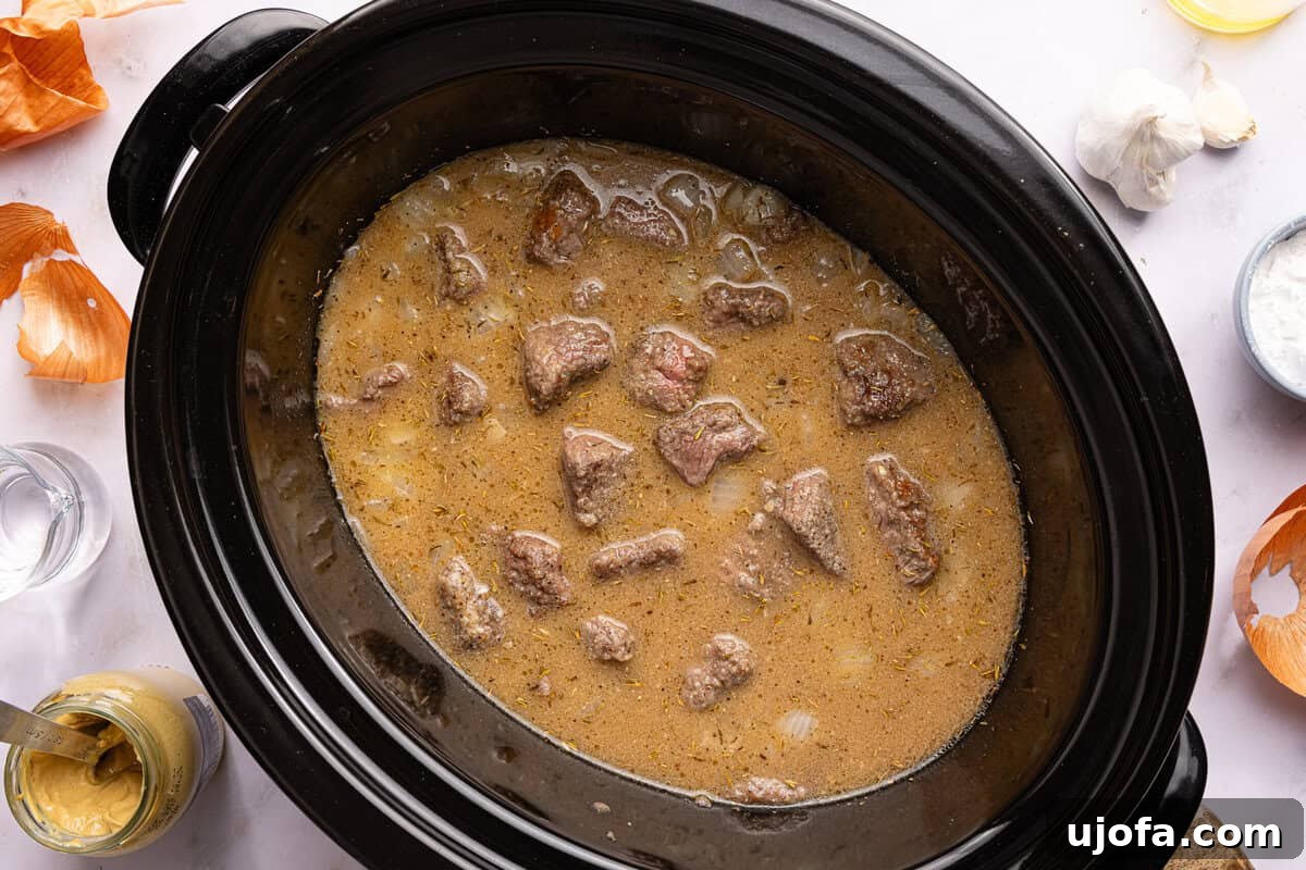 beef tips and gravy uncooked in a slow cooker