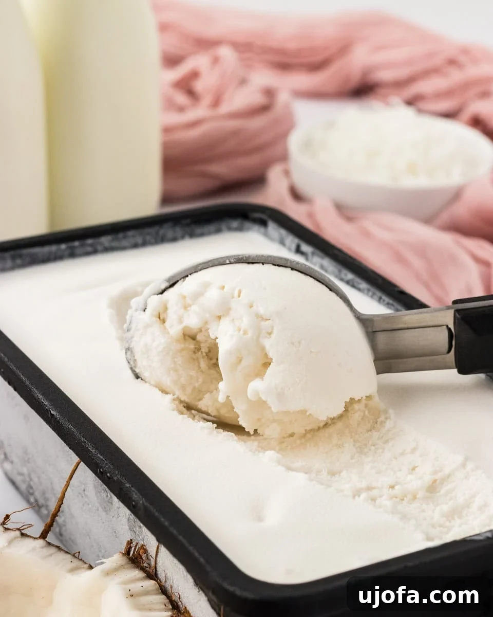 Refreshing Coconut Sorbet Recipe: Light, Dairy-Free Dessert 2 Scoop of creamy coconut sorbet in a loaf pan with shredded coconut and coconut milk in the background.