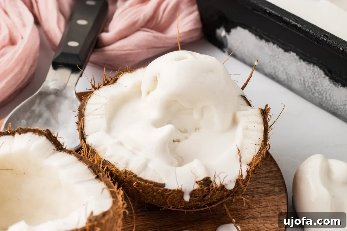 Refreshing Coconut Sorbet Recipe: Light, Dairy-Free Dessert 10 Coconut sorbet scooped into a fresh coconut shell with melted coconut cream dripping over the sides.