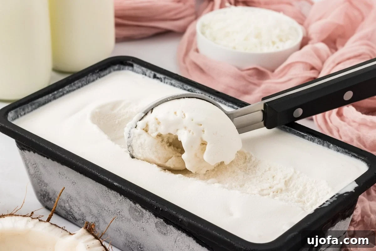 Refreshing Coconut Sorbet Recipe: Light, Dairy-Free Dessert 9 Scoop of creamy coconut sorbet served straight from the freezer container.