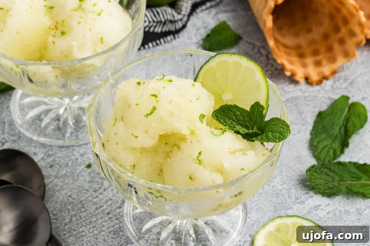 Refreshing Lime Sorbet Recipe: Zesty Homemade Citrus Sorbet 11 finished lie sorbet in a glass dish