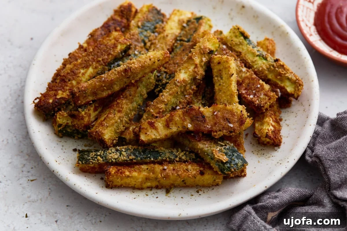 Crispy baked keto zucchini fries piled on a white plate with flaky salt and a side of ketchup for dipping.
