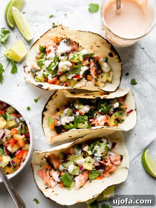Protein-Packed Salmon Caesar with Creamy Dressing 13 3 blackened salmon tacos in paleo tortillas with pineapple salsa and lime aioli